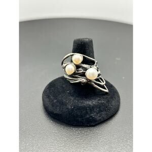 Handmade 925 Sterling Silver Three Pearl Trinity Ring Size 7.5 Unusual Boho Fine